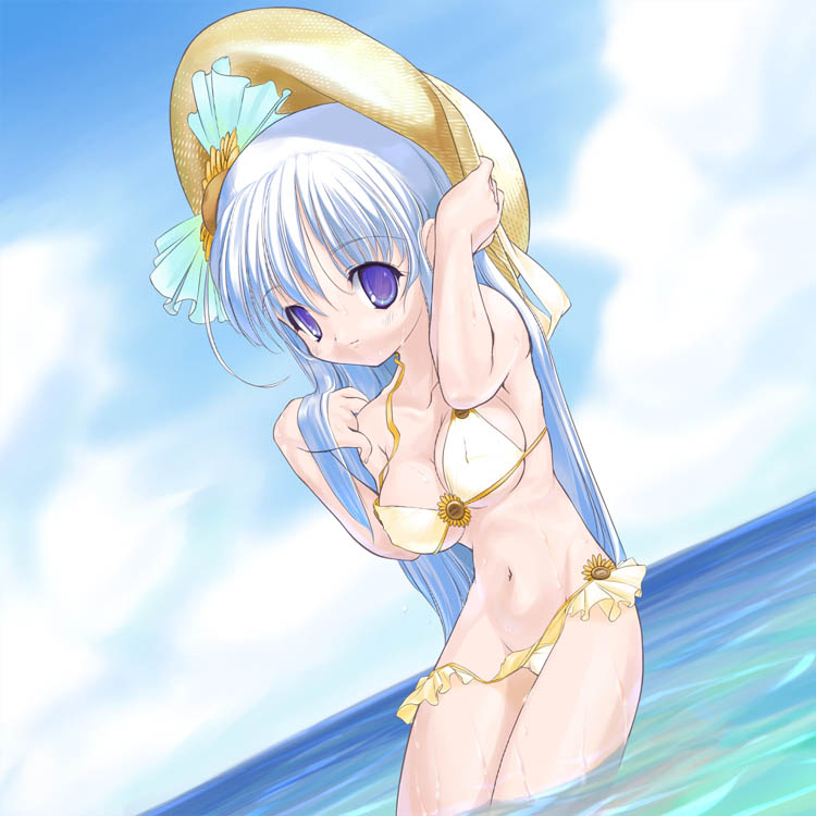 original, 1girl, bikini, blue hair, breasts, cleavage, cloud, day, female focus, flower, frilled bikini, frills, hat, large breasts, long hair, navel, purple eyes, solo, straw hat, string bikini, sun hat, sunflower, swimsuit, wading, wardrobe malfunction, water