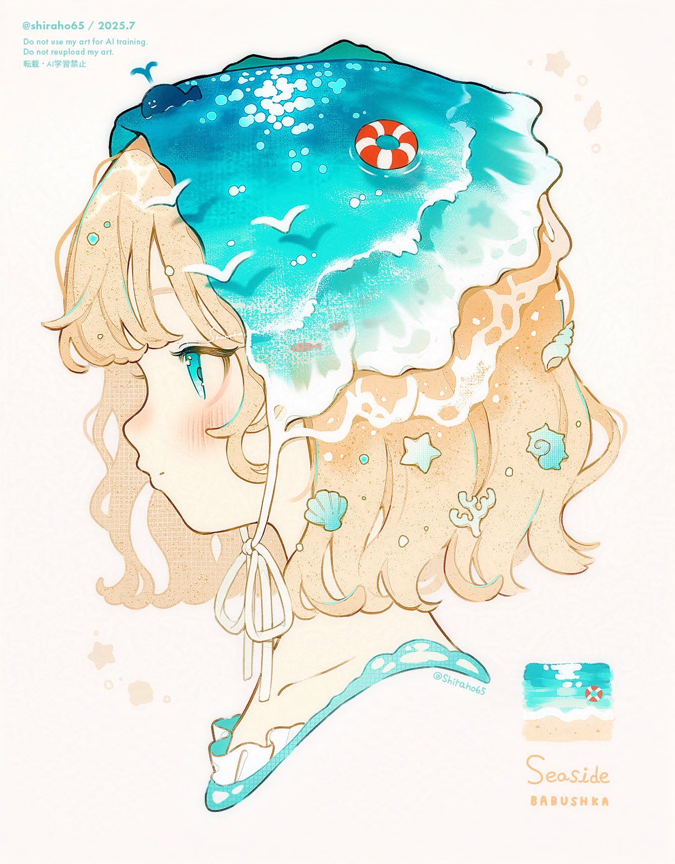shiraho (color-56), original, commentary request, highres, 1girl, blonde hair, blue bonnet, blue eyes, blue shirt, blush, bonnet, chin strap, closed mouth, cropped shoulders, from side, lifebuoy, ocean, profile, shirt, short hair, simple background, simple bird, solo, swim ring, watermark, whale, white background