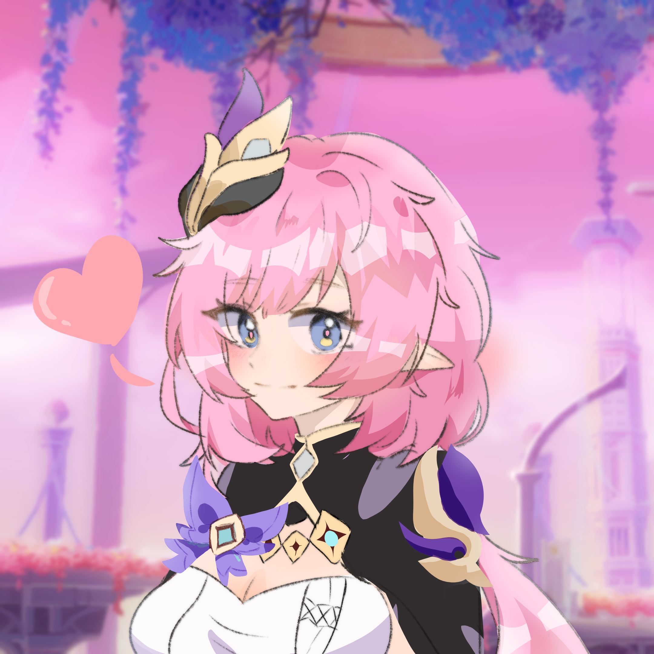 catlenxingxing, elysia (honkai impact), elysia (miss pink elf) (honkai impact), honkai (series), honkai impact 3rd, chinese commentary, commentary request, highres, 1girl, blue eyes, breasts, cleavage, corset, elf, hair iron, heart, large breasts, long hair, looking at viewer, pink hair, pink sky, pointy ears, shrug (clothing), sky, smile, solo, upper body, white corset