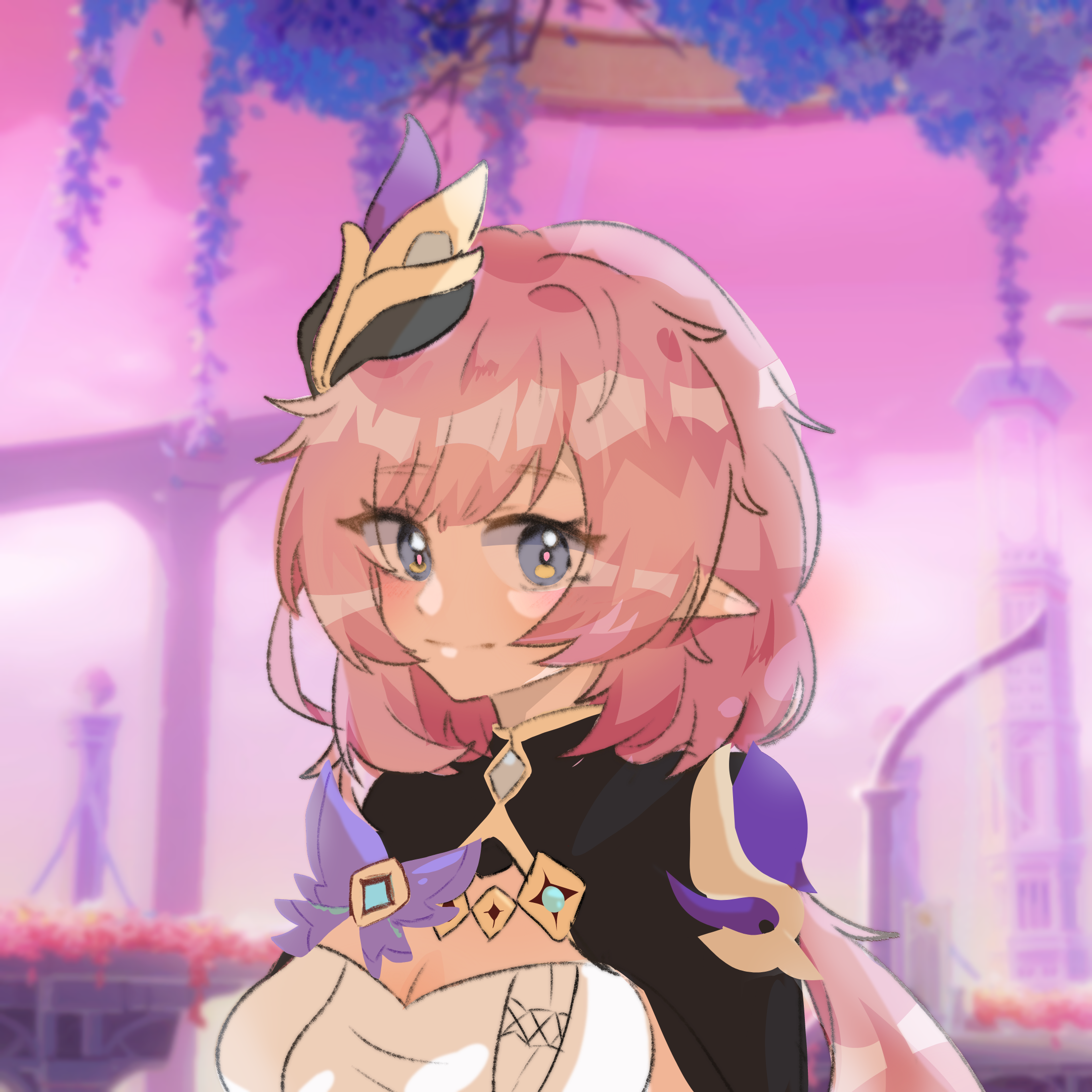 catlenxingxing, elysia (honkai impact), elysia (miss pink elf) (honkai impact), honkai (series), honkai impact 3rd, chinese commentary, commentary request, highres, 1girl, blue eyes, breasts, cleavage, corset, elf, hair iron, heart, large breasts, long hair, looking at viewer, pink hair, pink sky, pointy ears, shrug (clothing), sky, smile, solo, upper body, white corset