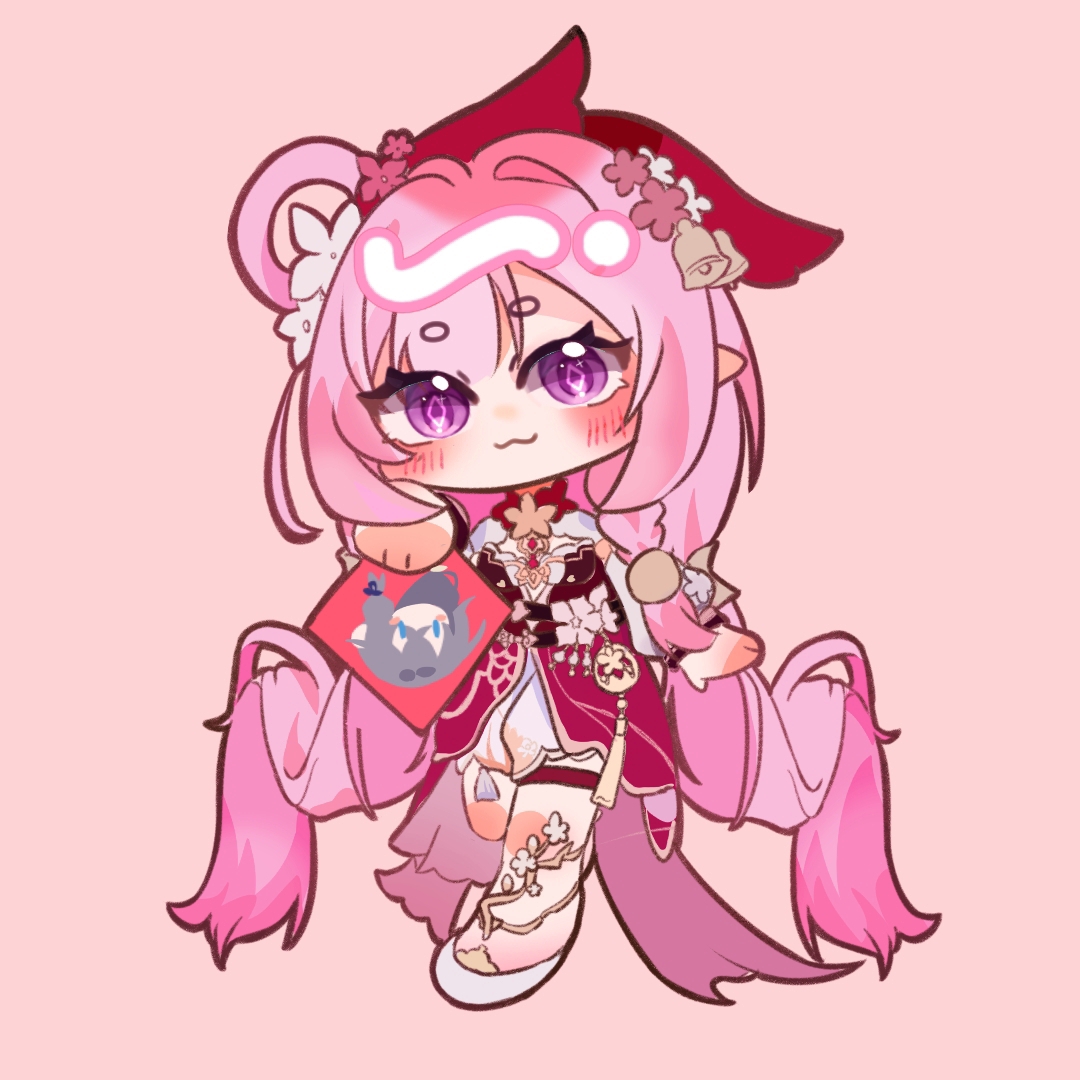 catlenxingxing, elysia (herrscher of human: ego) (honkai impact), elysia (honkai impact), elysia (peachy spring) (honkai impact), fu hua, honkai (series), honkai impact 3rd, chinese commentary, commentary request, 1girl, absurdly long hair, bell, chibi, chibi only, diamond-shaped pupils, diamond (shape), dress, elf, envelope, flower, hair bell, hair flower, hair ornament, holding, holding envelope, hongbao, long hair, official alternate costume, pink background, pink hair, pointy ears, purple eyes, red dress, sandals, simple background, solo, symbol-shaped pupils, very long hair