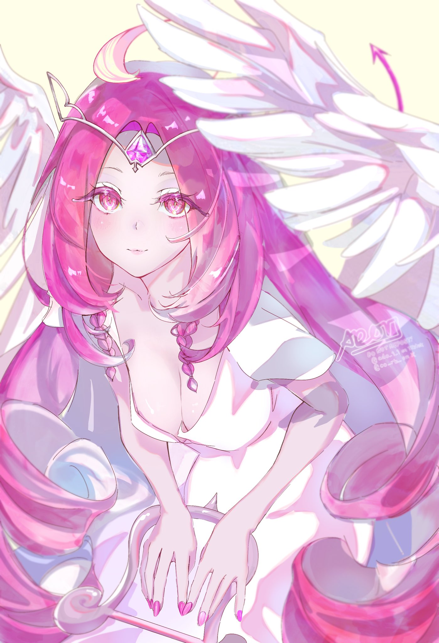 eternal sugar cookie, cookie run, cookie run: kingdom, commentary, english commentary, highres, 1girl, angel wings, artist name, braid, breasts, circlet, cleavage, closed mouth, co rb, collarbone, colored inner hair, colored skin, demon tail, dress, drill hair, eyelashes, feathered wings, gem, heart-shaped gem, holding, holding instrument, holding lyre, humanization, instrument, large breasts, long hair, looking at viewer, lyre, multicolored hair, nail polish, pink eyes, pink gemstone, pink hair, pink nails, pink skin, short sleeves, simple background, smile, solo, tail, twin braids, very long hair, watermark, white dress, white eyeshadow, white hair, wings, yellow background