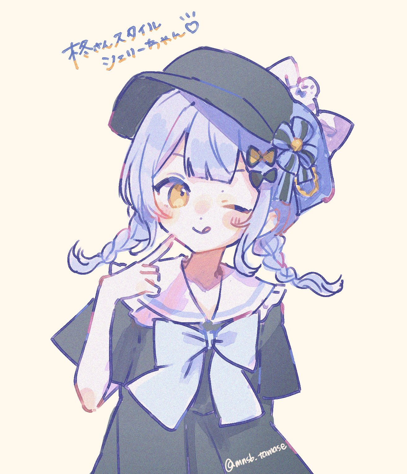 kinoeda tamase, tachibana sherry, mahou shoujo no majo saiban, braided twintails, highres, photo-referenced, translation request, 1girl, ;q, alternate costume, alternate hairstyle, arm behind back, bird hat ornament, black hat, black serafuku, black skirt, blue hair, braid, finger to cheek, hat, hat ribbon, newsboy cap, one eye closed, ribbon, school uniform, serafuku, simple background, skirt, solo, tongue, tongue out, twintails, twitter username, white ribbon, yellow background, yellow eyes