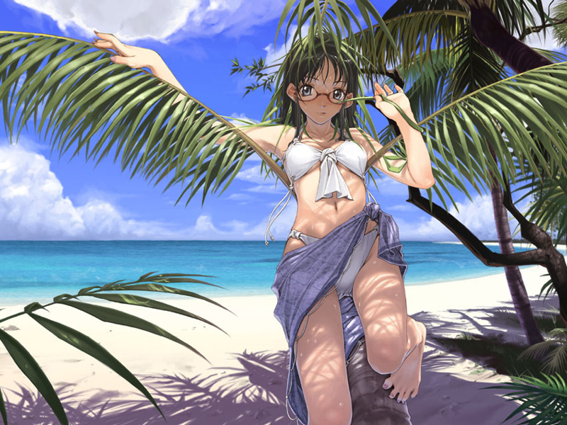 hidari (left side), messe sanoh, 1girl, barefoot, beach, bikini, blue eyes, brown hair, cloud, day, female focus, front-tie top, glasses, long hair, nail polish, navel, ocean, outdoors, palm tree, purple nails, sarong, sky, solo, swimsuit, toes, tree, tree shade, water, white bikini