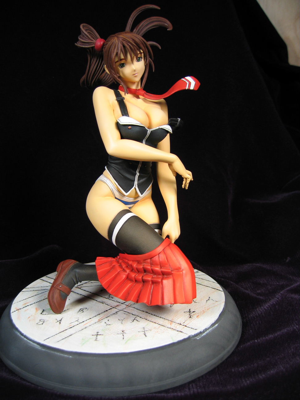 imari kurumi, bible black, highres, photo (medium), 00s, 1girl, black thighhighs, breasts, brown hair, cleavage, clothes pull, dark, female focus, figure, green eyes, kneeling, large breasts, long hair, necktie, panties, pleated skirt, red necktie, school uniform, serafuku, side ponytail, skirt, skirt pull, solo, strap slip, striped clothes, striped panties, thighhighs, underwear, undressing