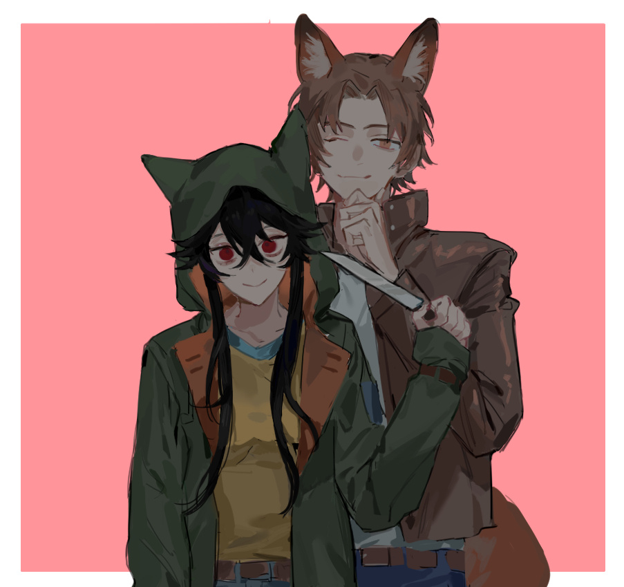qyzhiaiyisheng, fusaishi haruaki, serizawa chiemi, raging loop, 1boy, 1girl, animal ear fluff, animal ears, black hair, brown hair, closed mouth, fox ears, fox tail, holding, holding knife, hood, hood up, hooded jacket, jacket, knife, long hair, looking at viewer, one eye closed, open clothes, open jacket, pink background, shirt, short hair, smile, tail, yellow shirt