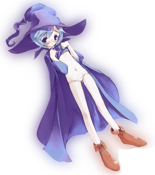 sumi keiichi, schierke (berserk), berserk, 1990s (style), blue hair, blue hat, blush, cape, clothes lift, dress, dress lift, full body, hat, loli, lowleg, lowleg panties, navel, panties, retro artstyle, shoes, simple background, solo, underwear, white background, witch, witch hat