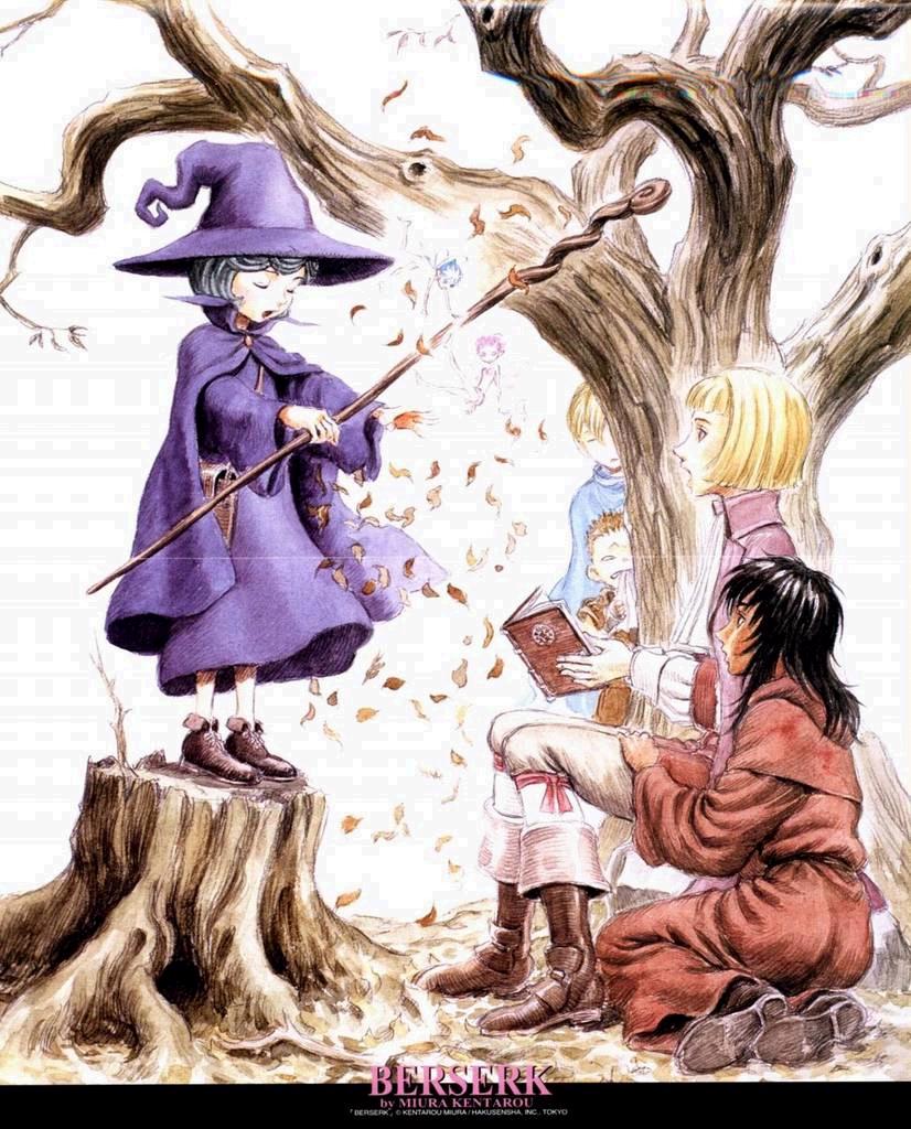 miura kentarou, casca (berserk), evarella (berserk), farnese (berserk), ishidro, isidro (berserk), ivalera, puck (berserk), schierke (berserk), serpico (berserk), berserk, jpeg artifacts, 1990s (style), 3girls, 4boys, bare tree, fairy, hat, leaf, long sleeves, magic, multiple boys, multiple girls, outdoors, staff, tree, tree stump, under tree, witch, witch hat