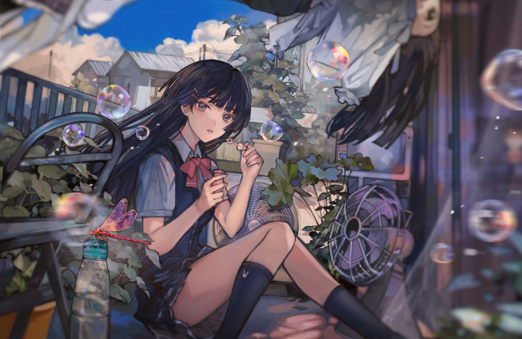 tsuta1218, nazono mito, tsukino mito, tsukino mito (summer uniform), nijisanji, commentary, highres, symbol-only commentary, 2girls, balcony, black hair, blowing bubbles, blue skirt, blue sky, blue socks, blue sweater vest, blurry, blurry foreground, bottle, bow, bowtie, breasts, bubble wand, bug, chair, cloud, collared shirt, crt, day, depth of field, dragonfly, drying, drying clothes, electric fan, feet out of frame, fence, from side, grey eyes, hair ornament, hairpin, hands up, holding, holding bottle, insect, knees together feet apart, long hair, looking at viewer, looking to the side, miniskirt, multiple girls, multiple hairpins, outdoors, parted lips, pink bow, pink bowtie, plaid clothes, plaid skirt, plant, plastic bottle, shirt, short sleeves, sitting, skirt, sky, small breasts, soap bubbles, socks, solo focus, sweater vest, turning head, upside-down, virtual youtuber, white shirt