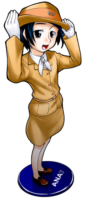 studio-hiro, yukimura kanau, all nippon airways, otaku no musume-san, uniform, 1girl, airline, arms up, ascot, belt, blue eyes, blue hair, bob cut, cosplay, female focus, figure, flat chest, flight attendant, full body, gloves, happy, hat, matching hair/eyes, miniskirt, open mouth, pantyhose, pencil skirt, shoes, short hair, simple background, skirt, smile, solo, standing, travel attendant, white background, white gloves