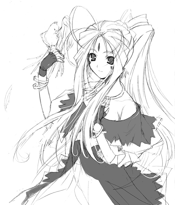 belldandy, aa megami-sama, 1girl, angel, bird, bird on hand, facial mark, female focus, forehead mark, gloves, greyscale, jewelry, long hair, monochrome, necklace, simple background, smile, solo, white background, wristband