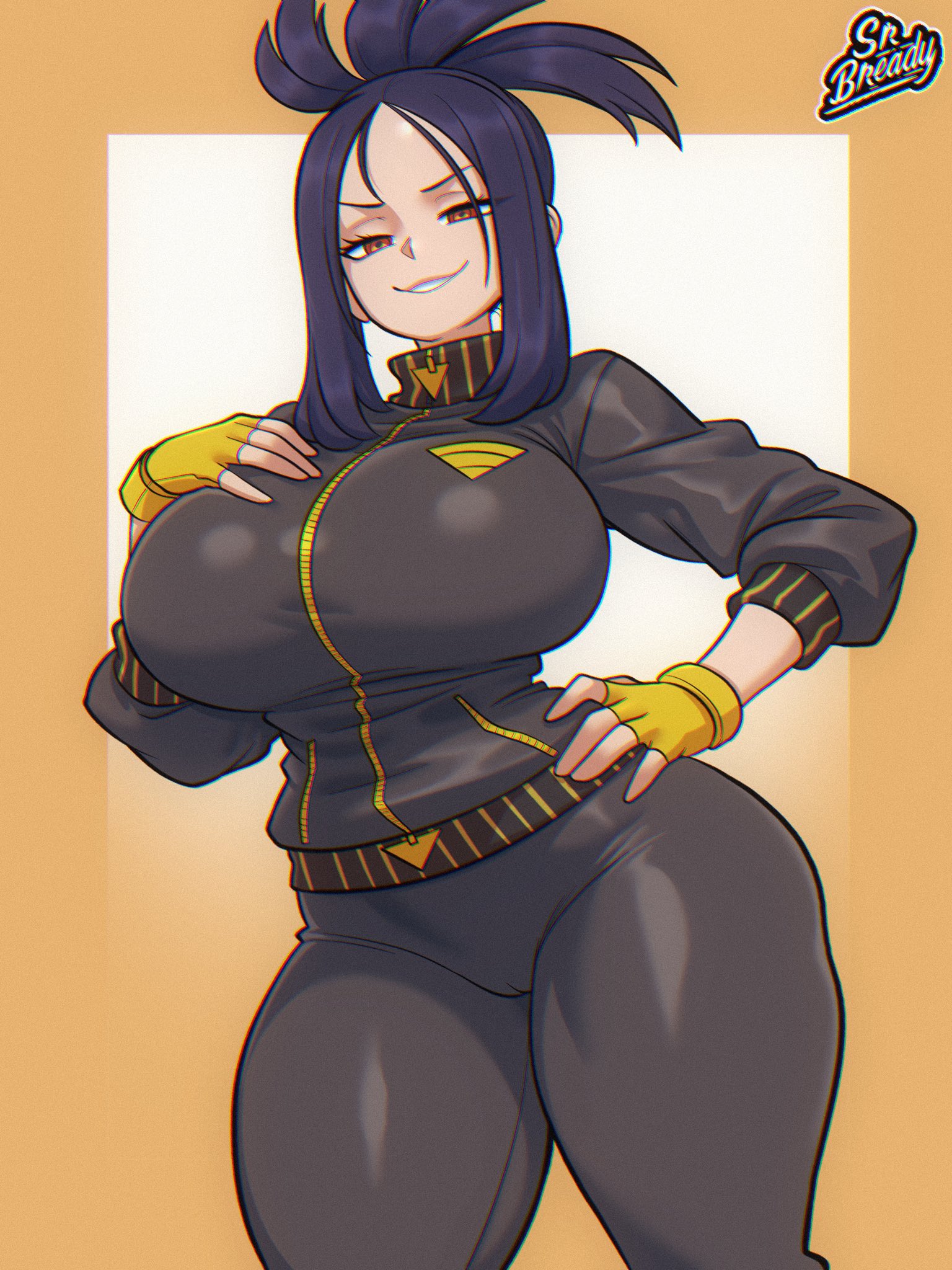 srbready, dendra (pokemon), nintendo, pokemon, pokemon sv, commentary, commission, english commentary, highres, 1girl, artist name, black hair, black jacket, black pants, breasts, chromatic aberration, cowboy shot, curvy, fingerless gloves, gloves, hand on own chest, hand on own hip, huge breasts, jacket, long hair, long sleeves, looking at viewer, pants, parted bangs, parted lips, red eyes, smile, solo, tight clothes, tight jacket, tight pants, yellow background, yellow gloves, zipper