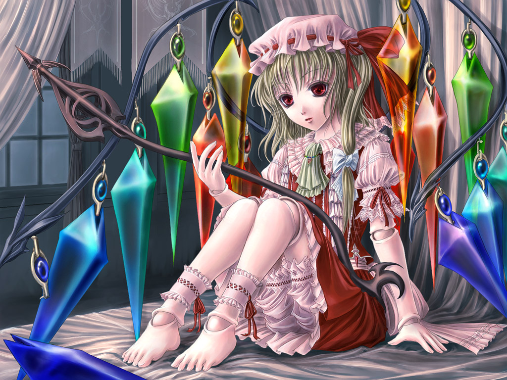 yuki shuuka, flandre scarlet, touhou, 1girl, barefoot, blonde hair, bloomers, doll, doll joints, embellished costume, female focus, hat, hat ribbon, joints, laevatein, long sleeves, mob cap, one side up, ponytail, red eyes, ribbon, side ponytail, sitting, solo, underwear, weapon, white bloomers, wings