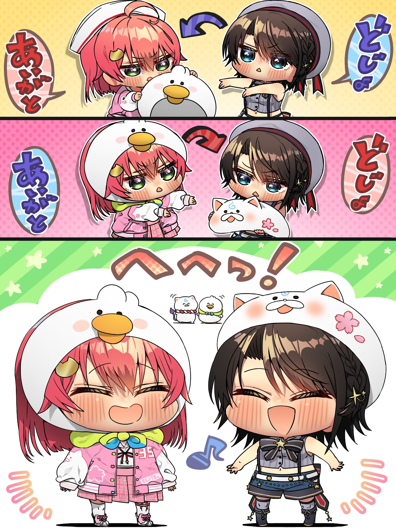 harumina mau, 35p (sakura miko), oozora subaru, oozora subaru (suspenders), sakura miko, sakura miko (school uniform), hololive, commentary request, highres, 2girls, :d, arrow (symbol), bare arms, bare shoulders, black boots, black bow, black bowtie, black hair, blue shorts, blush, boots, bow, bowtie, chibi, chibi only, closed eyes, green eyes, grey shirt, grey thighhighs, hat, jacket, long sleeves, midriff, multiple girls, navel, open clothes, open jacket, open mouth, parted bangs, pink hair, pink jacket, pink shoes, pink skirt, pleated skirt, shirt, shoes, short hair, shorts, skirt, sleeveless, sleeveless shirt, smile, standing, striped bow, striped bowtie, striped clothes, suba tomo (big), suspenders, thighhighs, triangle mouth, virtual youtuber, white hat, white shirt, white thighhighs