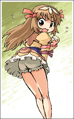 re mii, zoids, zoids genesis, lowres, 00s, bloomers, clothes lift, oekaki, skirt, skirt lift, solo, underwear, white bloomers, wind, wind lift