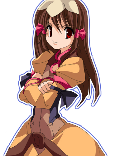 re mii, zoids, zoids genesis, lowres, 00s, 1girl, belt, brown dress, brown hair, crossed arms, dress, female focus, hair ornament, hair tubes, hairpin, long hair, puffy sleeves, red eyes, simple background, smile, solo, white background