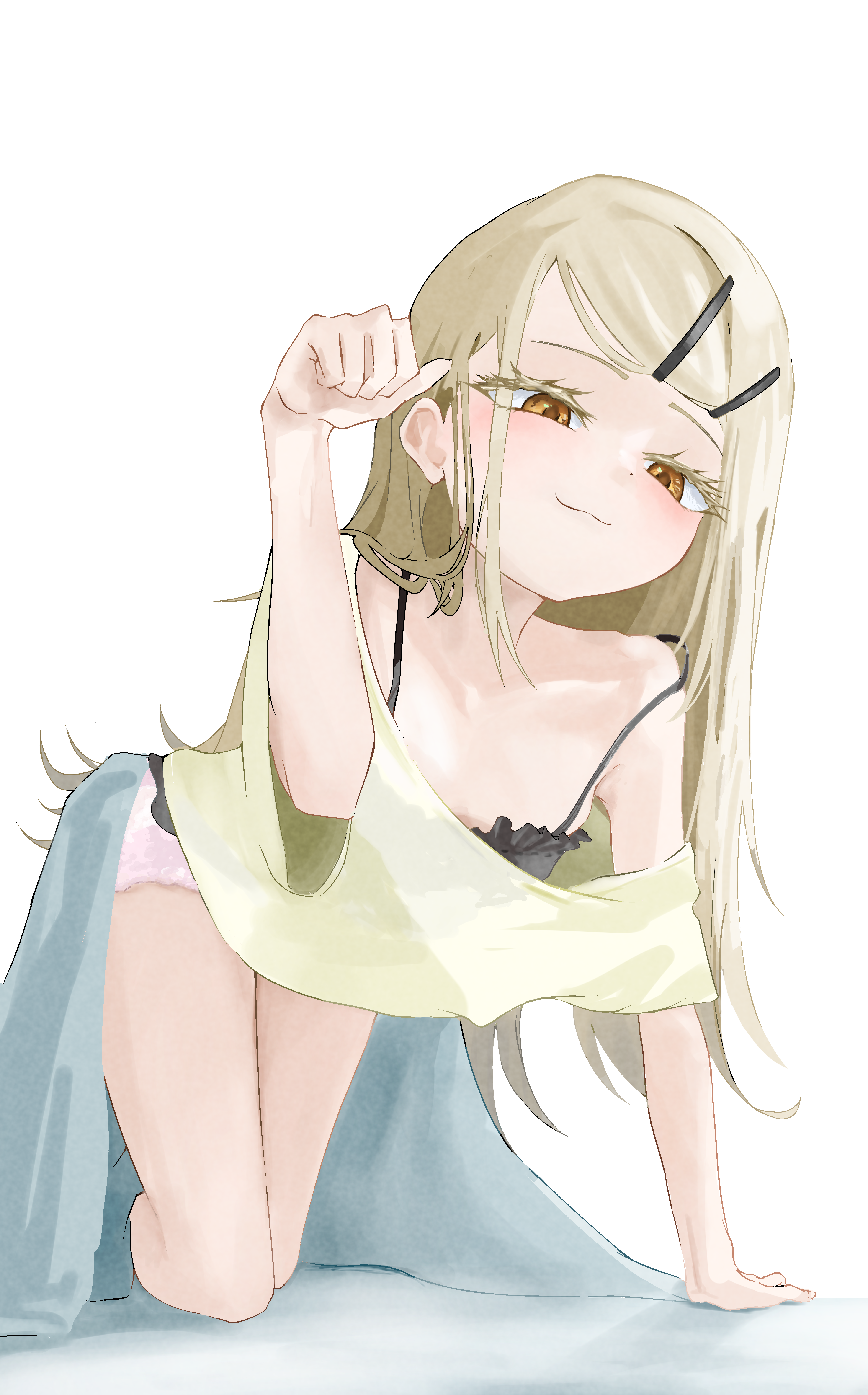 shinosawa hiro, gakuen idolmaster, idolmaster, absurdres, commentary, highres, 1girl, :3, all fours, bare legs, black camisole, camisole, collarbone, colored eyelashes, flipped hair, light smile, long hair, looking at viewer, loose clothes, loose shirt, orange eyes, pink shorts, shirt, short shorts, shorts, solo, spaghetti strap, strap slip, umpino (euyw8788), up sleeve, yellow shirt
