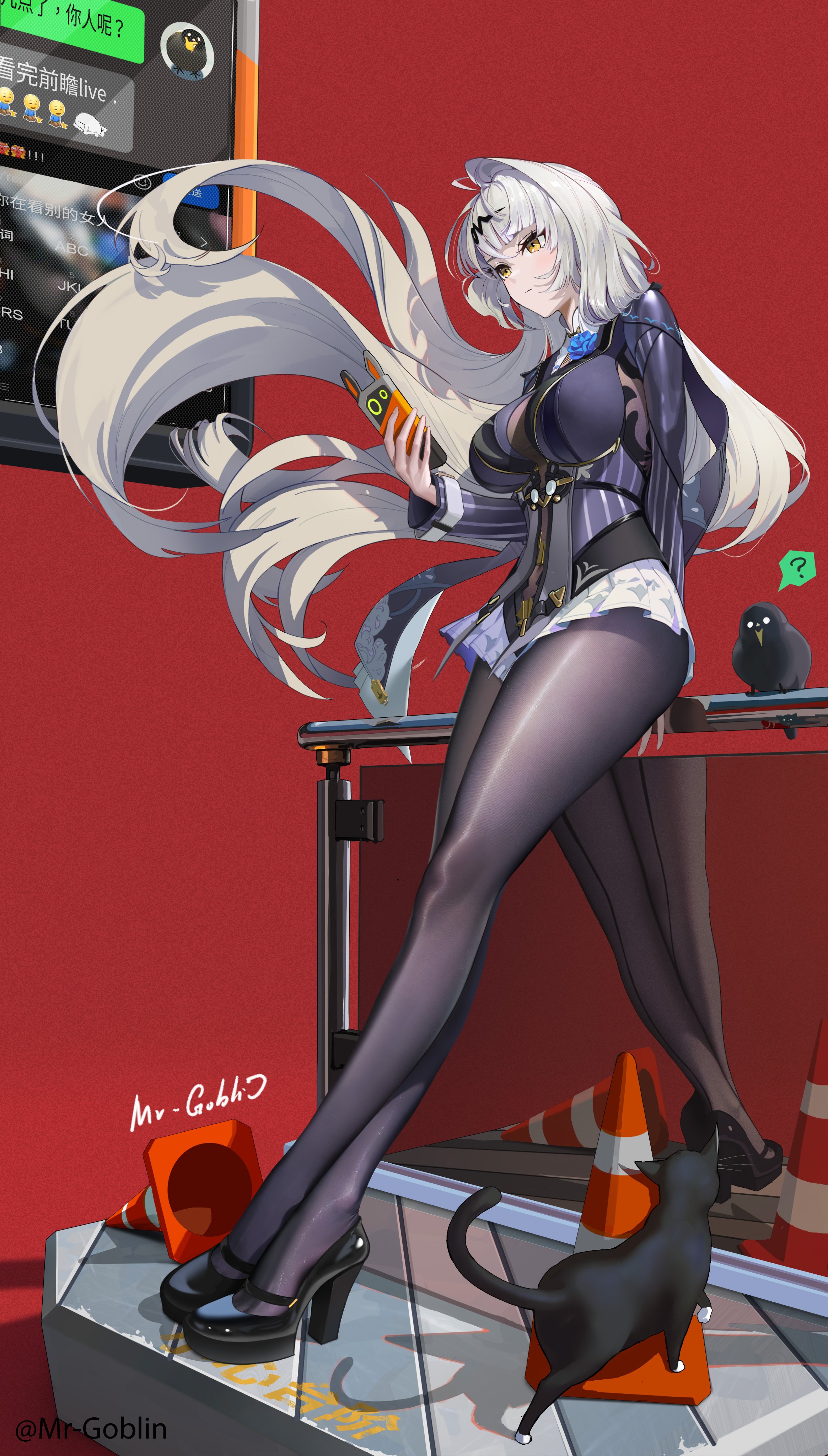 mr goblin, yixuan (trails of ink) (zenless zone zero), yixuan (zenless zone zero), zenless zone zero, absurdres, commentary, english commentary, highres, translation request, 1girl, arm support, back-seamed legwear, bird, black bird, black pantyhose, black unitard, blue flower, blue rose, bodystocking, breasts, cat, cellphone, crossed ankles, dress over shirt, flower, flower on chest, full body, hair lift, high heels, holding, holding phone, large breasts, leaning back, long hair, official alternate costume, pantyhose, phone, red background, reflection, rose, seamed legwear, signature, single hair intake, smartphone, solo, traffic cone, twitter username, very long hair, white hair, yellow eyes, yin yang pin