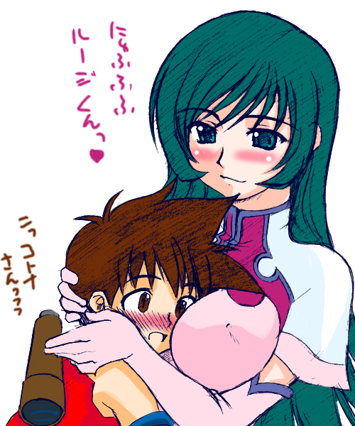 rikumoto yoshiyuki, kotona elegance, ruuji familon, zoids, zoids genesis, translation request, 00s, 1boy, 1girl, :o, age difference, antenna hair, between breasts, blush, breast smother, breasts, brown eyes, brown hair, covered erect nipples, detached sleeves, dress, elbow gloves, embarrassed, face to breasts, gloves, green eyes, green hair, head between breasts, heart, hetero, hug, impossible clothes, impossible dress, large breasts, long hair, looking at breasts, naughty face, onee-shota, pink gloves, short hair, shota, simple background, sketch, smile, spiked hair, surprised, telescope, turtleneck, upper body