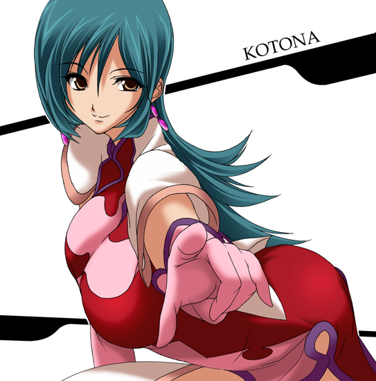 kotona elegance, zoids, zoids genesis, 00s, 1girl, aqua hair, breasts, brown eyes, earrings, elbow gloves, female focus, gloves, jewelry, large breasts, pink gloves, pointing, smile, solo, thighhighs