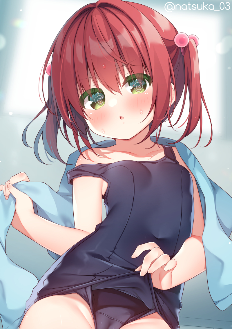 hanamiya natsuka, original, commentary request, 1girl, @ @, blue one-piece swimsuit, blush, breasts, cameltoe, chestnut mouth, collarbone, covered navel, green eyes, hair bobbles, hair ornament, looking at viewer, one-piece swimsuit, parted lips, red hair, school swimsuit flap, small breasts, small sweatdrop, solo, strap slip, sweat, swimsuit, towel, towel around neck, twintails, twitter username