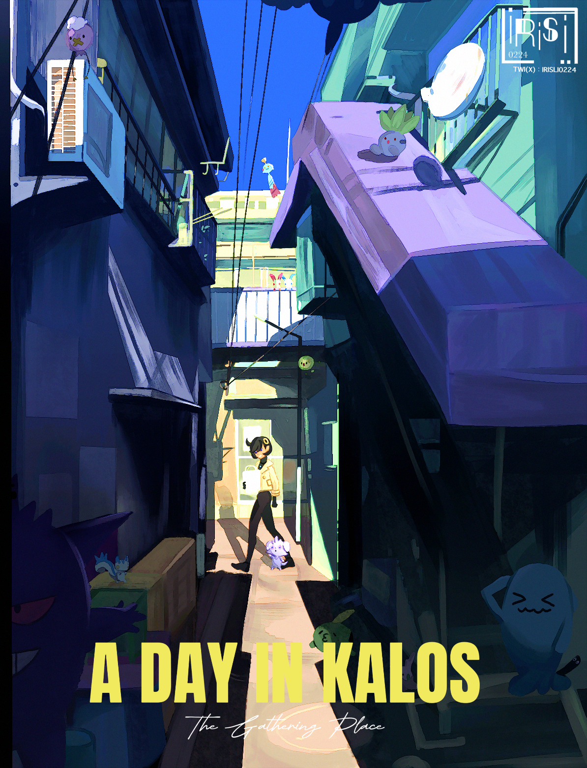 irisl, chimecho, drifloon, emma (pokemon), espurr, gengar, gulpin, minun, oddish, pachirisu, plusle, solosis, wobbuffet, nintendo, pokemon, pokemon legends: z-a, commentary, highres, 1girl, bag, black hair, building, day, gen 1 pokemon, gen 2 pokemon, gen 3 pokemon, gen 4 pokemon, gen 5 pokemon, gen 6 pokemon, hair ornament, holding, holding bag, jacket, long sleeves, outdoors, pokemon (creature), shadow, short hair, sky, standing, yellow jacket
