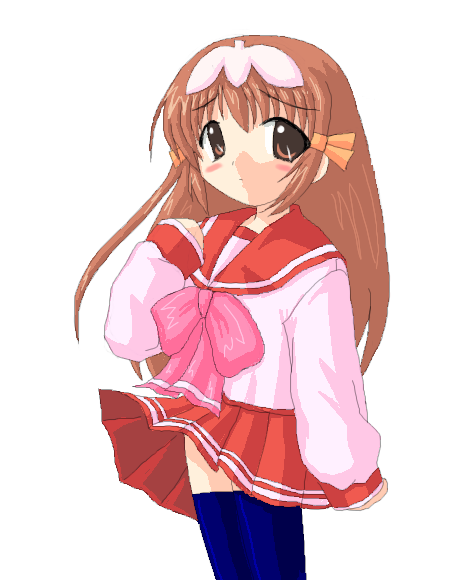 re mii, to heart (series), to heart 2, zoids, zoids genesis, blouse, blue thighhighs, clothes lift, cosplay, cowboy shot, pink shirt, pleated skirt, school uniform, serafuku, shirt, simple background, skirt, skirt lift, solo, thighhighs, white background