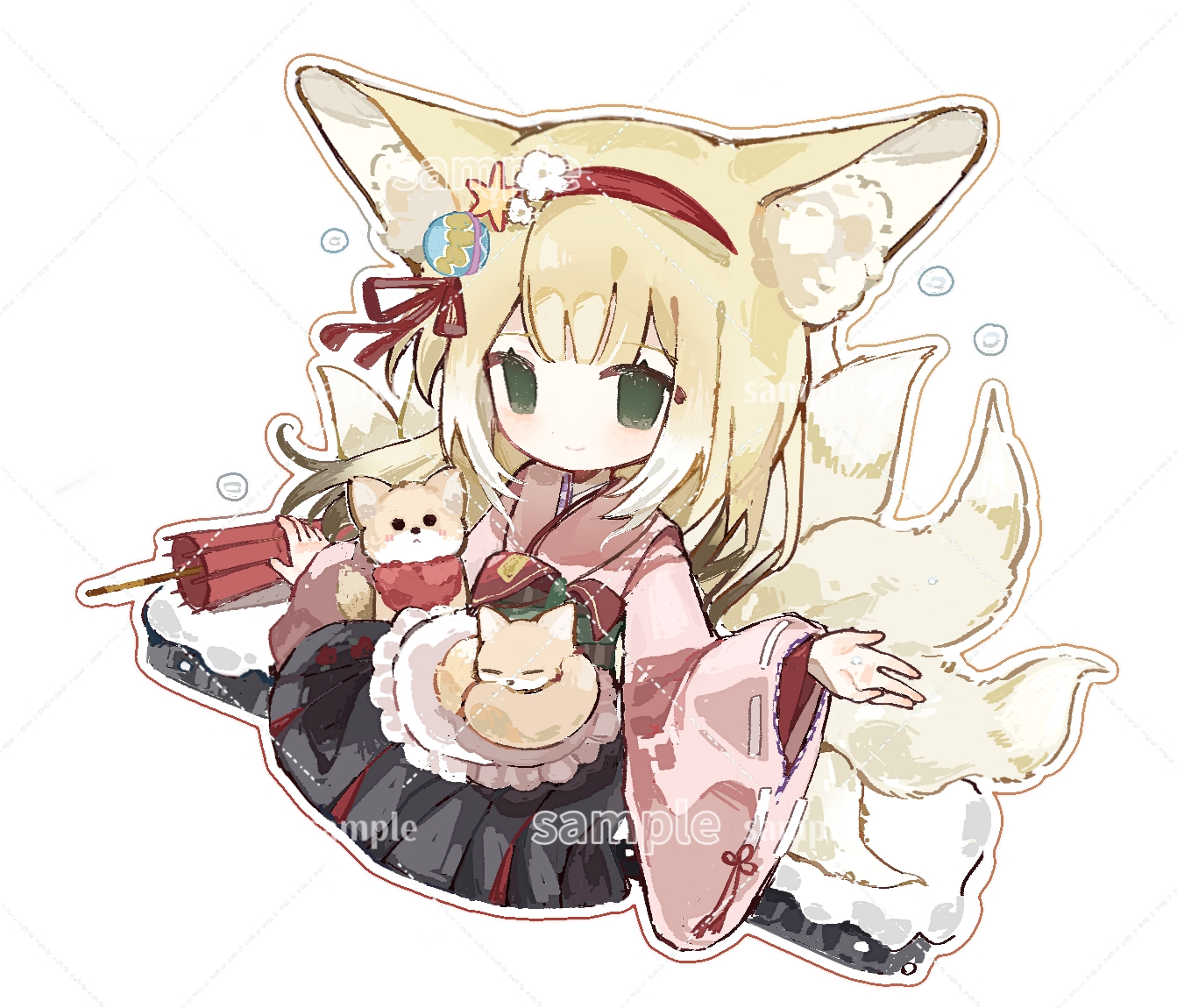 suzuran (arknights), suzuran (yukibare) (arknights), arknights, chinese commentary, commentary request, 1girl, animal ears, apron, blonde hair, fox, fox ears, fox girl, fox tail, frilled apron, frills, green eyes, hairband, japanese clothes, kimono, kyou u, official alternate costume, pink kimono, red hairband, red umbrella, skirt, solo, tail, umbrella, waist apron, white apron, wide sleeves