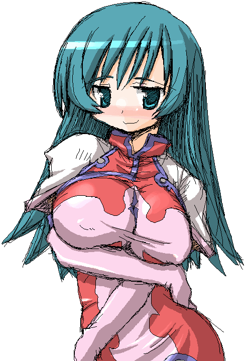 kotona elegance, zoids, zoids genesis, breast hold, 00s, 1girl, aqua eyes, aqua hair, breasts, elbow gloves, female focus, gloves, large breasts, naughty face, oekaki, pink gloves, solo