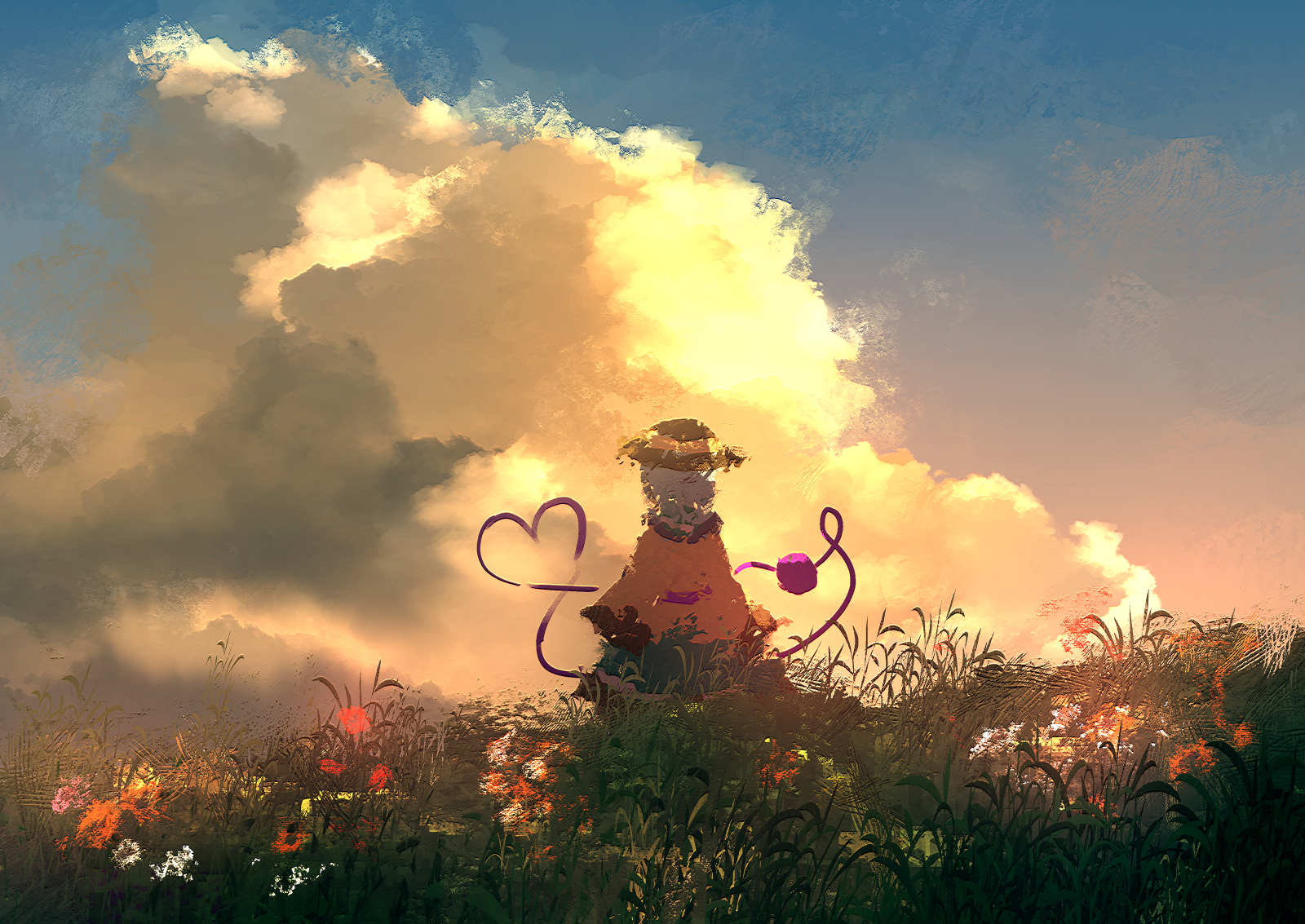 dise (psychoro), komeiji koishi, touhou, hashtag-only commentary, highres, 1girl, black hat, blue sky, cloud, cloudy sky, facing away, flower, from behind, gradient sky, grass, green hair, green skirt, hat, heart, heart of string, impressionism, long sleeves, orange flower, orange sky, outdoors, pink flower, red flower, scenery, shirt, skirt, sky, solo, third eye, white flower, yellow shirt