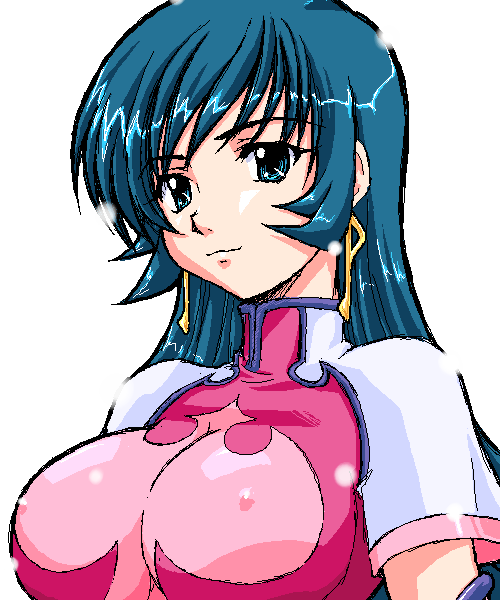 kotona elegance, zoids, zoids genesis, 00s, 1girl, blue eyes, blue hair, breasts, covered erect nipples, dress, earrings, female focus, jewelry, large breasts, long hair, looking at viewer, matching hair/eyes, oekaki, simple background, smile, solo, turtleneck, turtleneck dress, upper body, white background