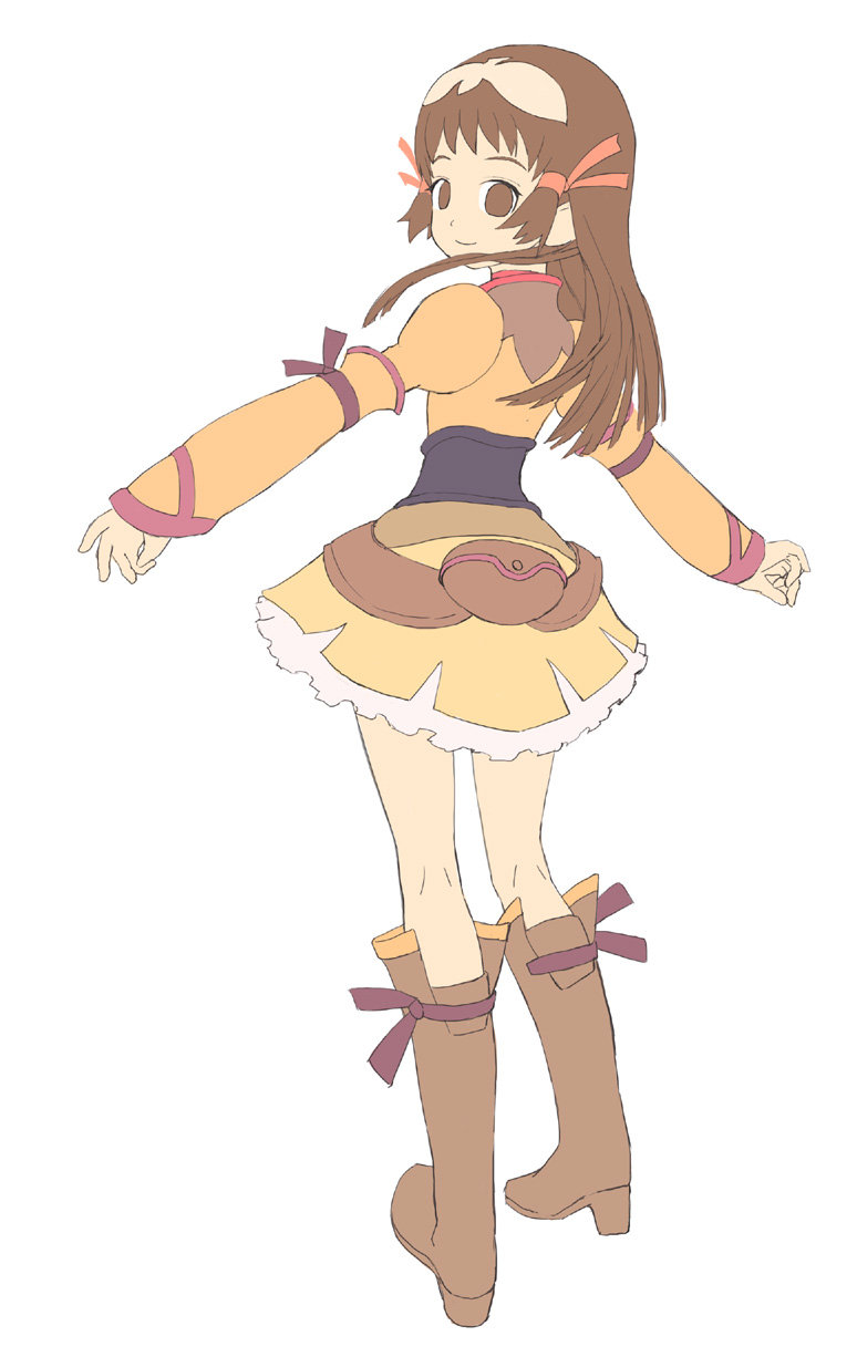 re mii, zoids, zoids genesis, brown legwear, highres, 00s, 1girl, armband, belt, belt pouch, boots, brown eyes, brown hair, detached sleeves, dress, female focus, from behind, full body, hair ornament, hair ribbon, high heels, knee boots, kneepits, long hair, looking back, outstretched arms, pouch, ribbon, shoes, short dress, simple background, smile, solo, spread arms, standing, white background