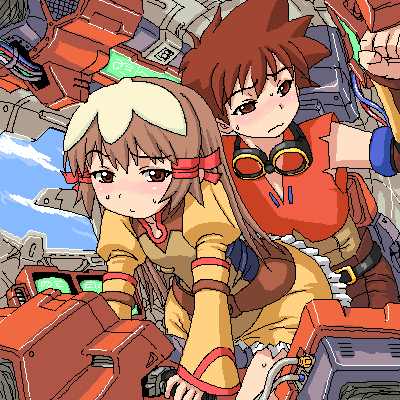 re mii, ruuji familon, zoids, zoids genesis, lowres, 00s, 1boy, 1girl, belt, blush, brown eyes, brown hair, cockpit, goggles, long hair, mecha, oekaki, robot, spiked hair, sweat