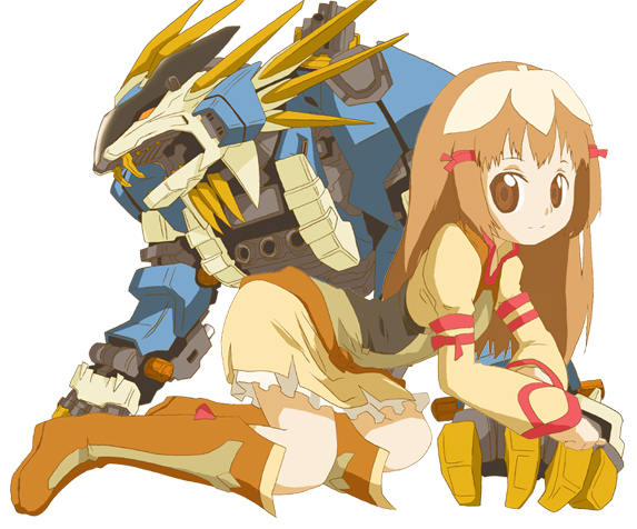 murasame liger, re mii, zoids, zoids genesis, 00s, 1girl, all fours, belt, boots, brown eyes, brown hair, hair ribbon, knee boots, long hair, mecha, ribbon, robot, simple background, smile, white background