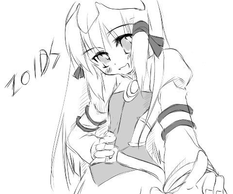 re mii, zoids, zoids genesis, lowres, 00s, 1girl, copyright name, female focus, greyscale, monochrome, simple background, solo, white background