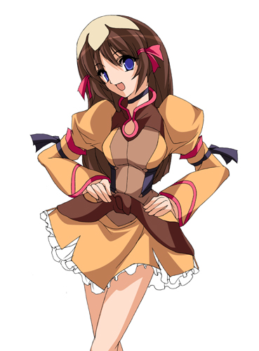 re mii, zoids, zoids genesis, lowres, 00s, 1girl, blue eyes, brown dress, brown hair, choker, dress, female focus, hands on own hips, long hair, sidelocks, simple background, smile, solo, white background