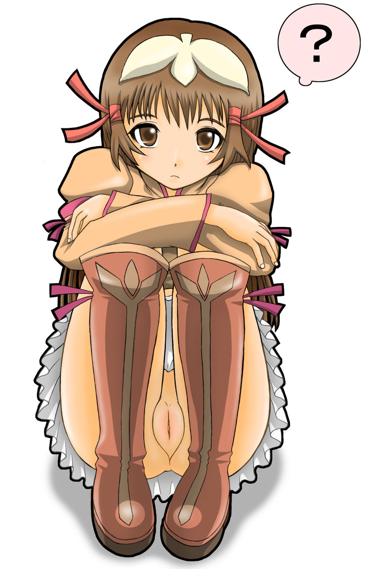 re mii, zoids, zoids genesis, brown legwear, 00s, 1girl, ?, blush, boots, brown boots, brown eyes, brown hair, crossed arms, detached sleeves, dress, embarrassed, female focus, frills, frown, full body, hair ornament, hair ribbon, hugging own legs, legs together, loli, long hair, looking at viewer, no panties, pussy, ribbon, shadow, short dress, simple background, sitting, solo, speech bubble, uncensored, white background