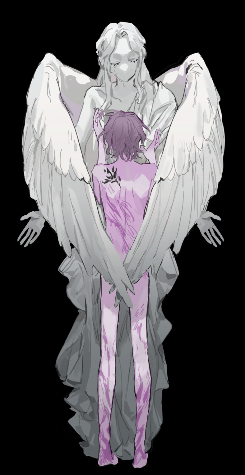 qyzhiaiyisheng, mahoutsukai no yakusoku, highres, 1boy, angel, angel statue, angel wings, back, barefoot, black background, completely nude, full body, long hair, nude, short hair, standing, tattoo, wings