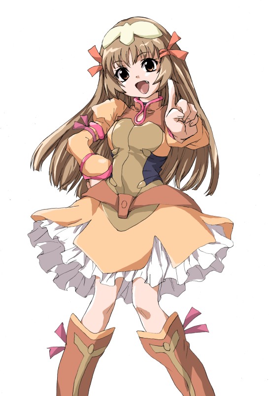 re mii, zoids, zoids genesis, 00s, 1girl, boots, breasts, brown hair, dress, fang, female focus, flat chest, hand on own hip, index finger raised, knee boots, small breasts, solo, yellow eyes