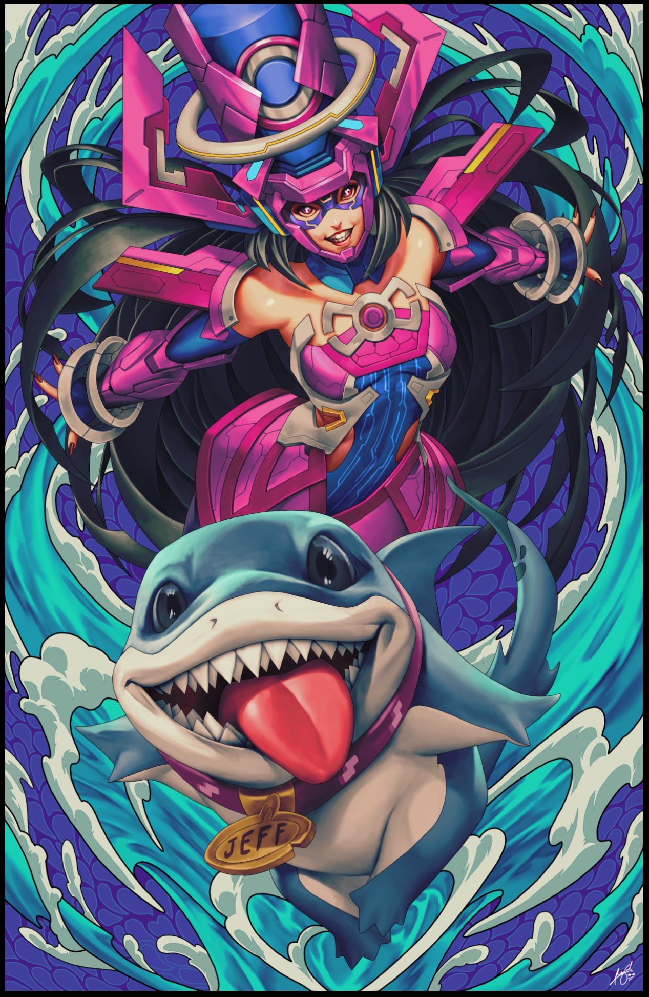 wizyakuza, galacta, jeff (marvel), marvel, marvel rivals, commentary, english commentary, highres, 1girl, armor, bare shoulders, black hair, breasts, collar, detached sleeves, dress, headgear, helmet, long hair, orca, purple collar, purple dress, purple eyes, purple helmet, purple sleeves, shark, smile, teeth, tongue, tongue out, very long hair, water