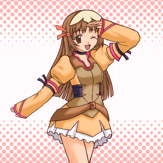 re mii, zoids, zoids genesis, 00s, 1girl, ;d, arm up, belt, brown eyes, brown hair, female focus, halftone, halftone background, long hair, one eye closed, open mouth, orange skirt, skirt, smile, solo, wink