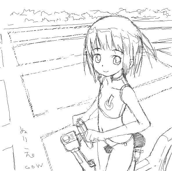re mii, zoids, zoids genesis, 00s, 1girl, bicycle, collarbone, female focus, flat chest, greyscale, looking at viewer, monochrome, navel, outdoors, short hair, sketch, sleeveless, smile, solo