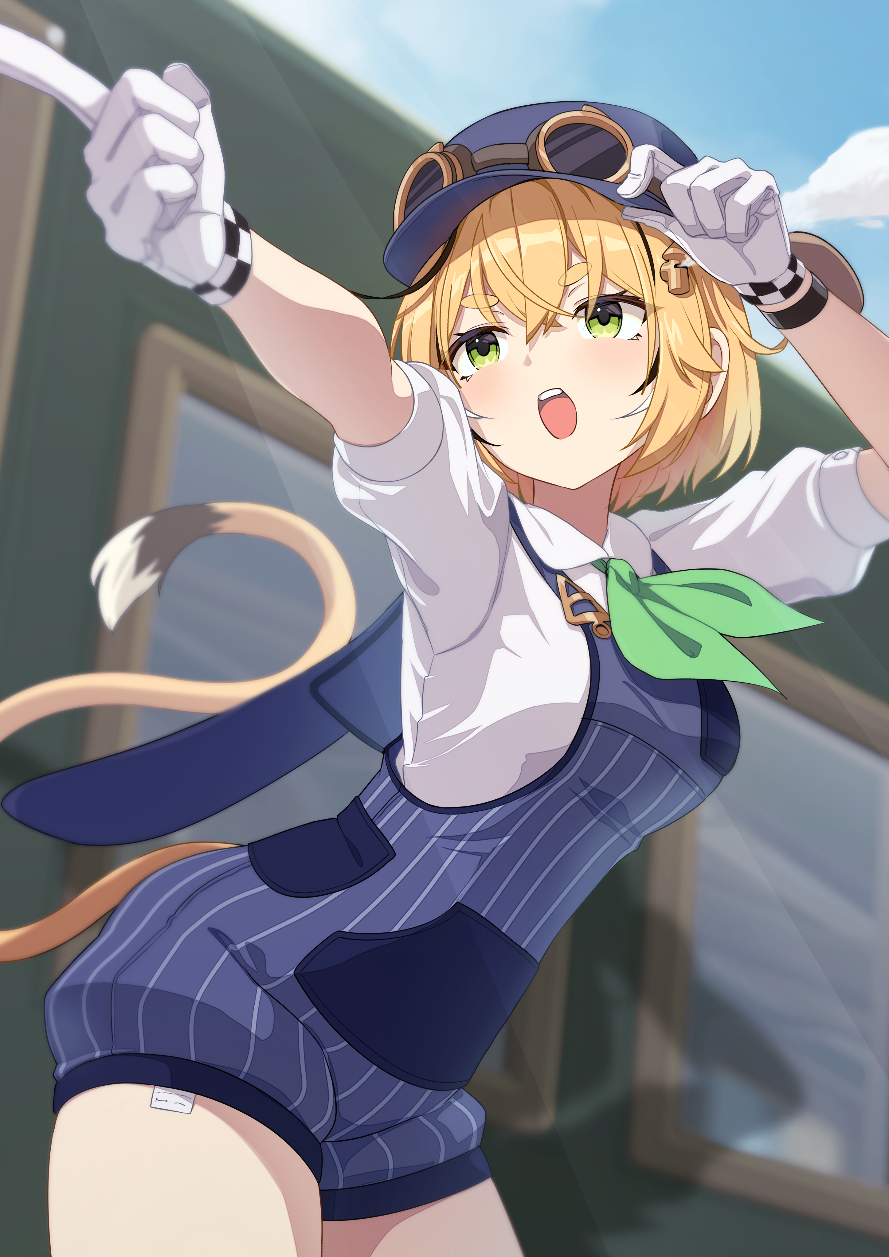 miu (angelo whitechoc), dooby (vtuber), indie virtual youtuber, absurdres, highres, 1girl, black hair, blonde hair, blue hat, blue overalls, blue sky, cloud, dooby (1st costume) (vtuber), gloves, green eyes, hat, looking at viewer, medium hair, mouse girl, mouse tail, multicolored hair, overalls, pointing, shirt, sky, solo, streaked hair, tail, teeth, train, train conductor, upper teeth only, virtual youtuber, white gloves, white shirt