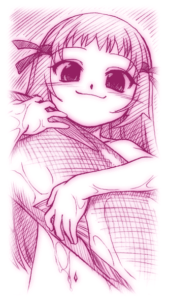 route39, re mii, zoids, zoids genesis, 00s, 1girl, female focus, fish, monochrome, pink theme, smile, solo