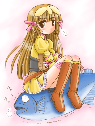 re mii, zoids, zoids genesis, 00s, 1girl, animal, belt, boots, brown eyes, brown hair, female focus, fish, frills, full body, hair ornament, hair tubes, hairpin, knee boots, long hair, long sleeves, o o, orange boots, sitting, skirt, solo, white background, yellow skirt