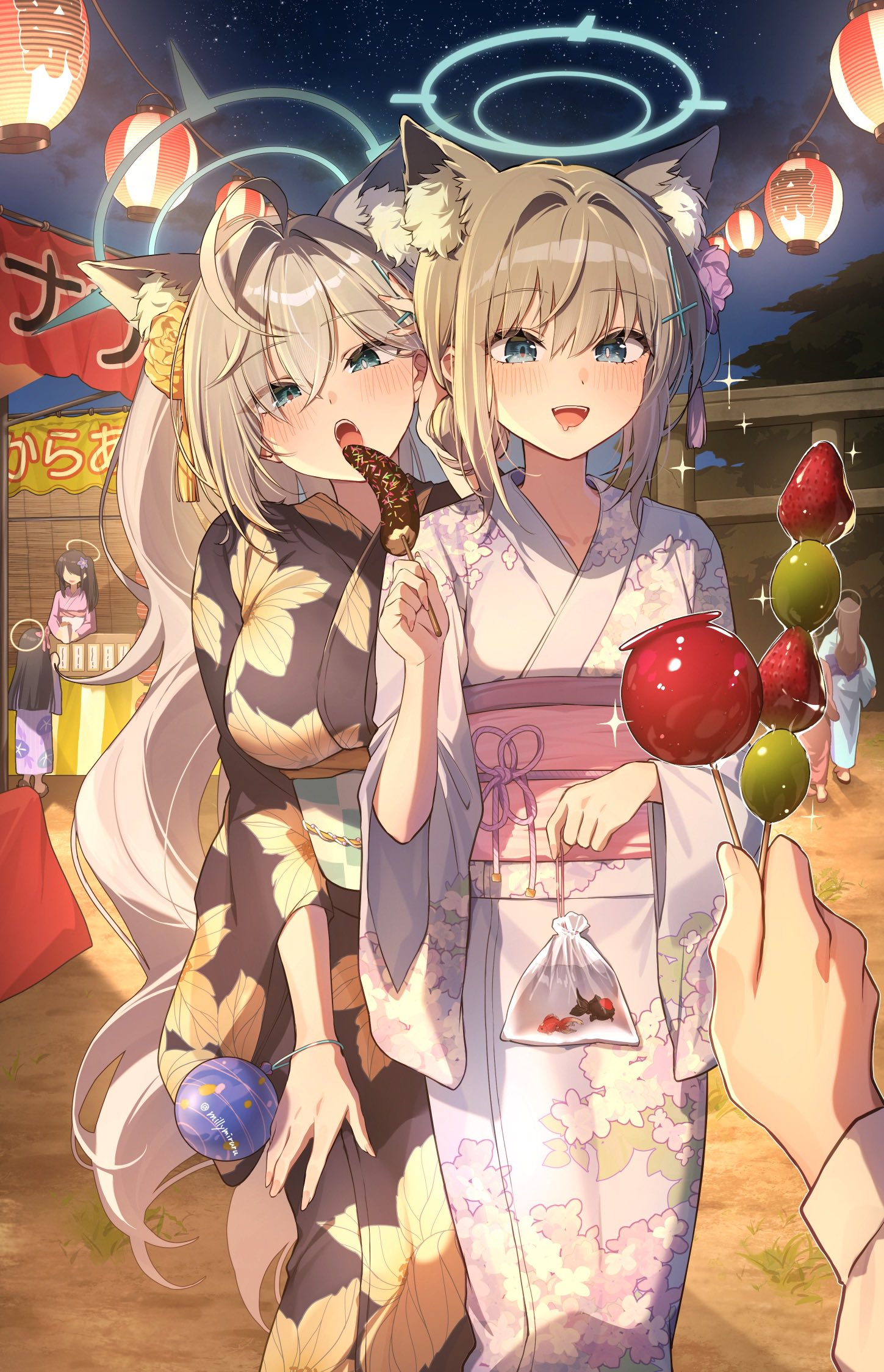 maruta (shummylass), shiroko (blue archive), shiroko terror (blue archive), blue archive, highres, 6+girls, animal ear fluff, animal ears, bag, black hair, black kimono, blue eyes, blue halo, blue kimono, blue sash, blush, breasts, brown kimono, checkered sash, cross hair ornament, dessert, extra ears, festival, fish, floral print, floral print kimono, flower, food, grey hair, hair between eyes, hair bun, hair flower, hair ornament, halo, holding, holding bag, holding skewer, japanese clothes, kimono, large breasts, long hair, multiple girls, night, no eyes, obi, open mouth, pink kimono, pink sash, plastic bag, pov, print kimono, purple flower, purple kimono, sash, side ponytail, sidelocks, skewer, teeth, upper teeth only, very long hair, wolf ears, wolf girl, yellow flower, yellow halo