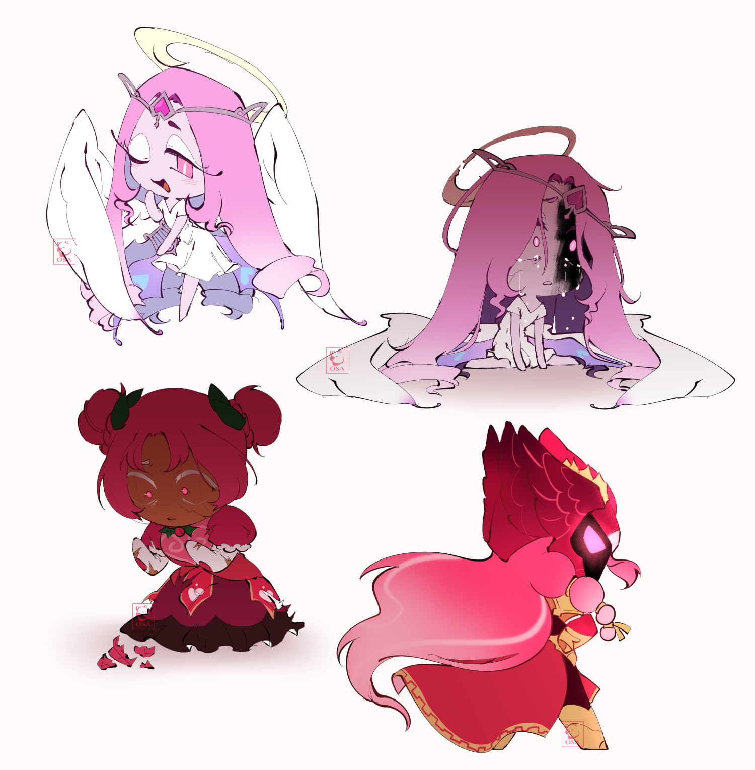 eternal sugar cookie, hollyberry cookie, hollyberry cookie (aegis), cookie run, cookie run: kingdom, highres, 2girls, am osaa, angel wings, armor, barefoot, blush, boots, braid, broken skin, cape, circlet, colored skin, dark-skinned female, dark skin, double bun, dress, elbow gloves, eyelashes, floating hair, frills, full body, gauntlets, gem, gloves, gradient hair, hair bun, hair ornament, halo, hand up, hands up, heart, heart-shaped gem, heart print, holding, holding instrument, holding lyre, instrument, leaf hair ornament, long hair, looking at viewer, looking down, lyre, mistletoe, multicolored hair, multiple girls, multiple views, official alternate costume, official alternate hairstyle, one eye closed, open mouth, pink eyes, pink gemstone, pink hair, pink skin, puffy short sleeves, puffy sleeves, purple dress, red cape, red dress, short hair, short sleeves, simple background, sitting, smile, standing, torn clothes, torn dress, torn gloves, two-tone dress, very long hair, wavy hair, white background, white dress, white eyeshadow, white gloves, wings, yellow armor, yellow boots, yellow halo