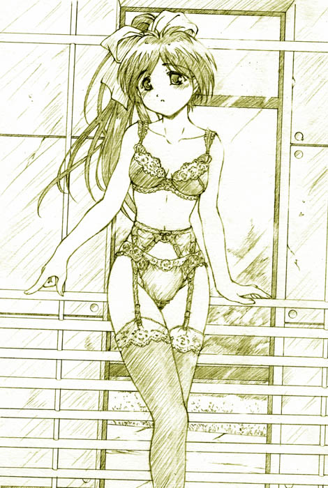 itou noemi, with you, lace-trimmed legwear, 00s, 1girl, bare shoulders, bow, bra, collarbone, female focus, garter belt, hair bow, lace, lace-trimmed panties, lace trim, large bow, lingerie, long hair, looking at viewer, monochrome, panties, ponytail, solo, thighhighs, underwear, underwear only