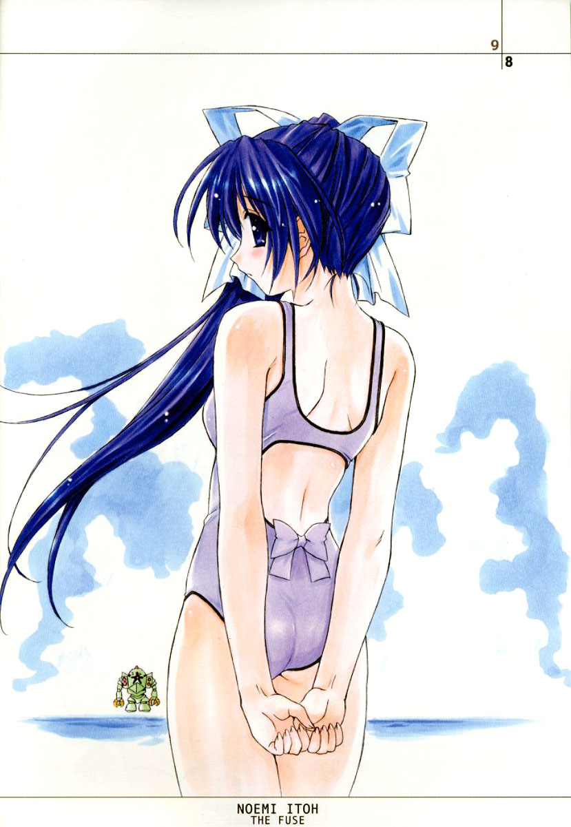 hasumi elan, itou noemi, zock, with you, highres, scan, 00s, 1girl, arms behind back, ass, back, backless outfit, blue eyes, blue hair, blush, casual one-piece swimsuit, female focus, from behind, hair ribbon, long hair, looking back, one-piece swimsuit, profile, ribbon, robot, side ponytail, solo, swimsuit, very long hair, water