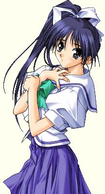 hashimoto takashi, itou noemi, with you, game cg, lowres, 00s, 1girl, blue eyes, blue hair, female focus, high side ponytail, long hair, matching hair/eyes, pleated skirt, school uniform, serafuku, side ponytail, simple background, skirt, solo